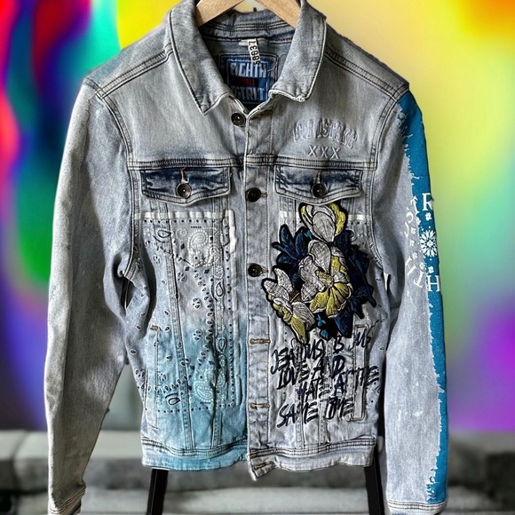 8IGHTH DSTRKT Denim Jean Jacket Embroidered Jealousy Just Love Man S/M Women - Picture 1 of 16